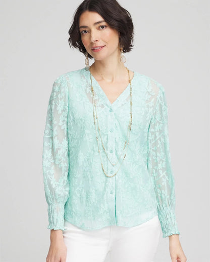 Chico's Latest - Floral Soutache V-Neck Blouse Teal Waters