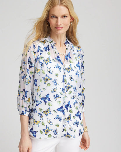 Chico's Exclusive - Ruffle Collar Butterfly Burnout Blouse Blue Casa