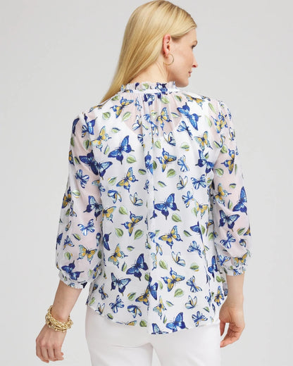 Chico's Exclusive - Ruffle Collar Butterfly Burnout Blouse Blue Casa