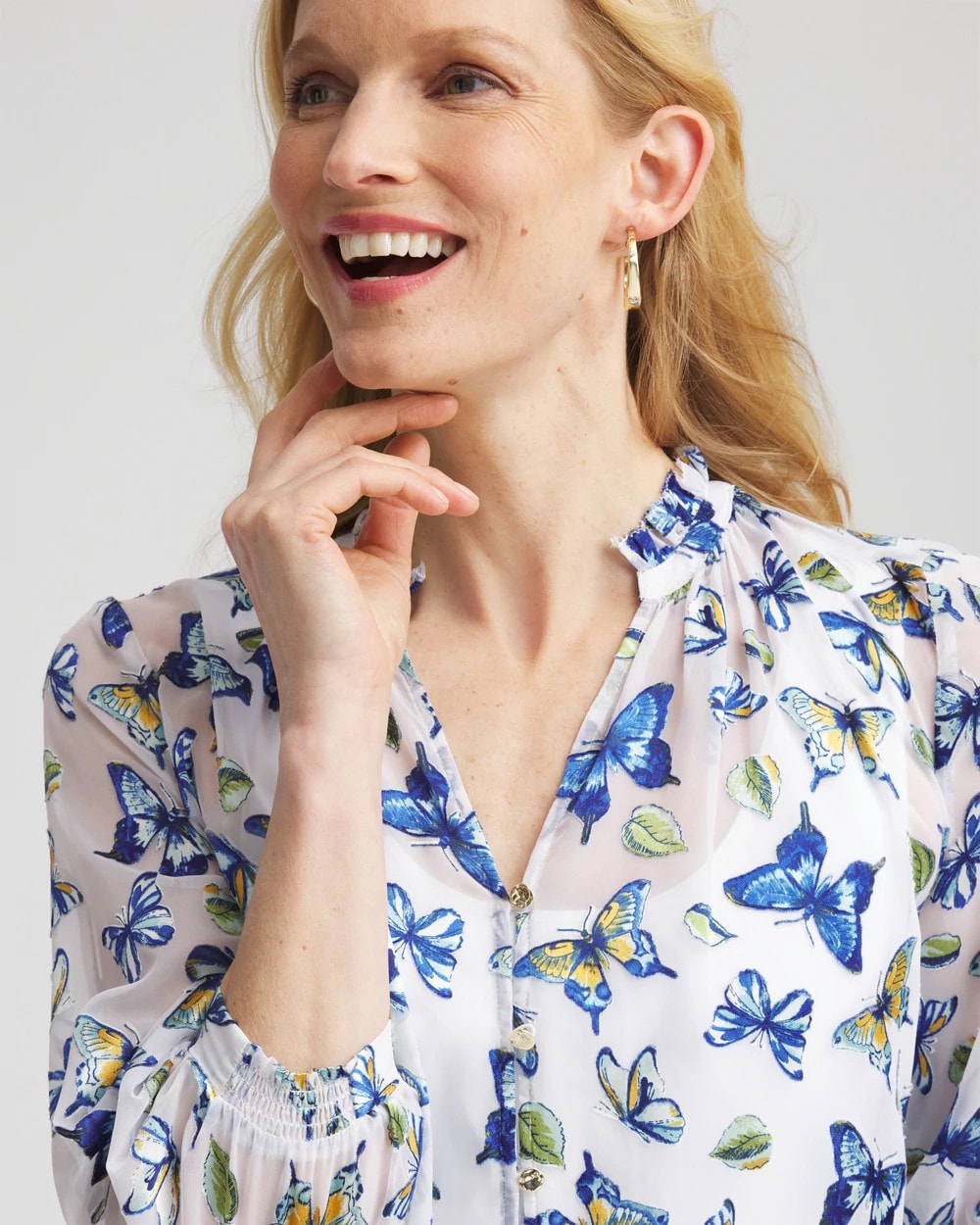 Chico's Exclusive - Ruffle Collar Butterfly Burnout Blouse Blue Casa