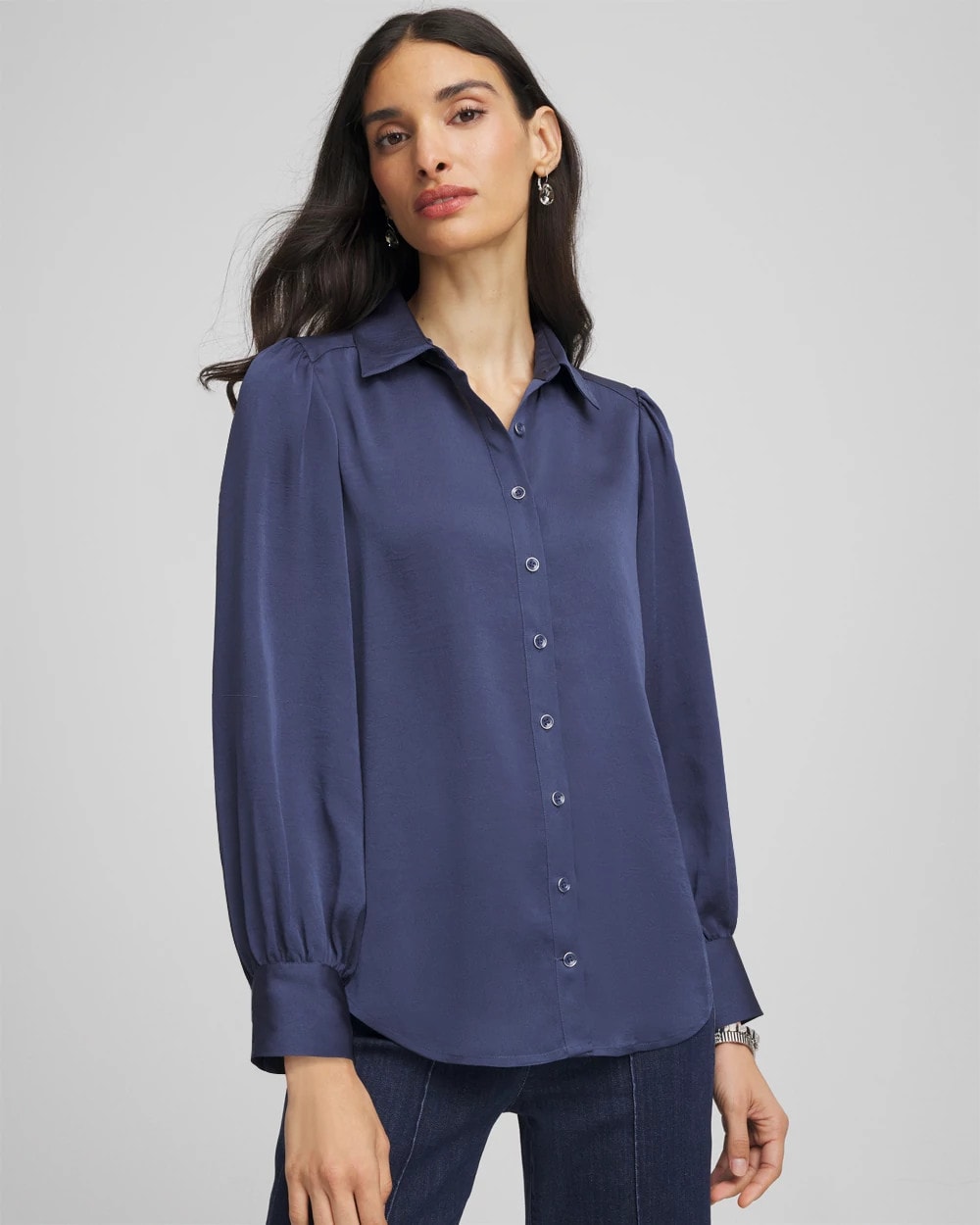 Chico's Essential - Puff Sleeve Satin Blouse Indigo Sky