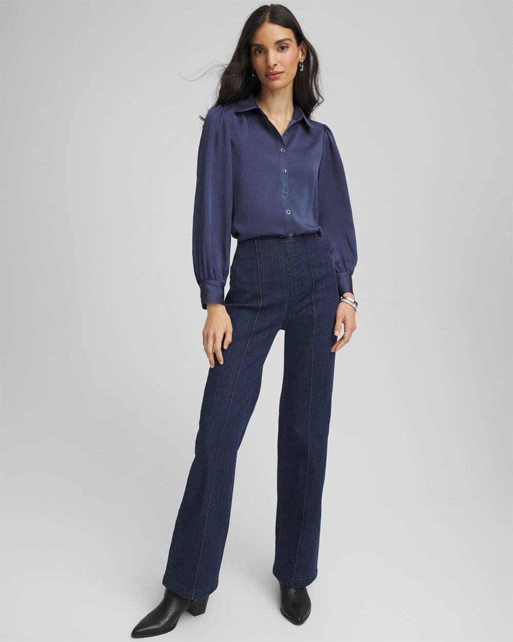 Chico's Essential - Puff Sleeve Satin Blouse Indigo Sky