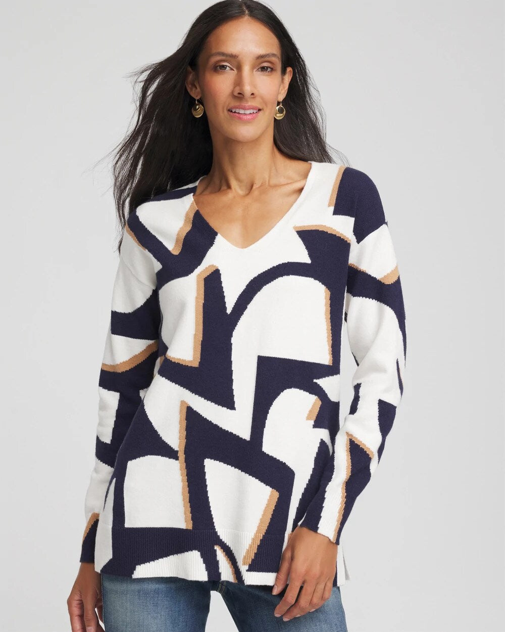 Chico's New - Geo Intarsia V-Neck Tunic Passport Blue