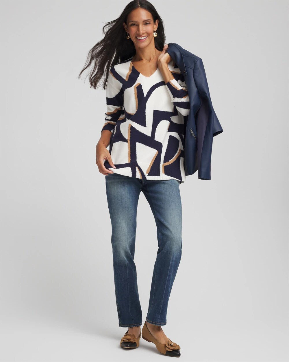 Chico's New - Geo Intarsia V-Neck Tunic Passport Blue