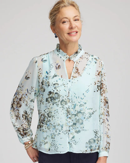 Chico's Essential - Floral Georgette Peasant Blouse Blue Menthe