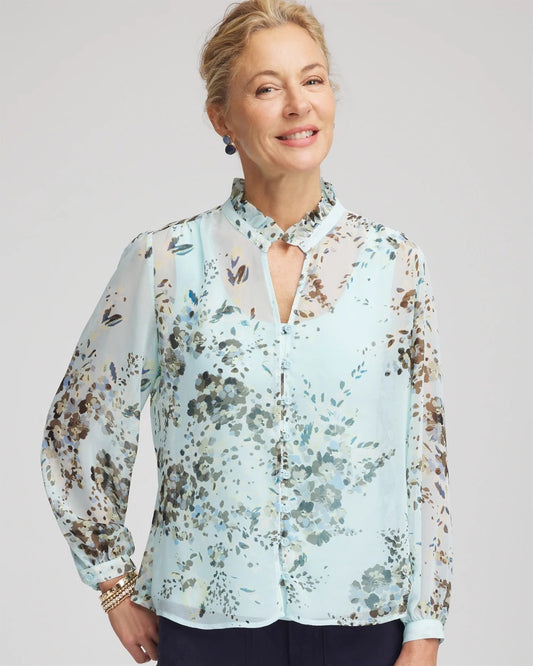 Chico's Essential - Floral Georgette Peasant Blouse Blue Menthe