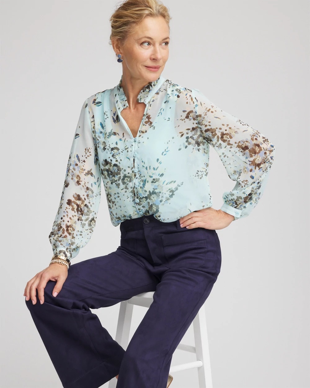 Chico's Essential - Floral Georgette Peasant Blouse Blue Menthe