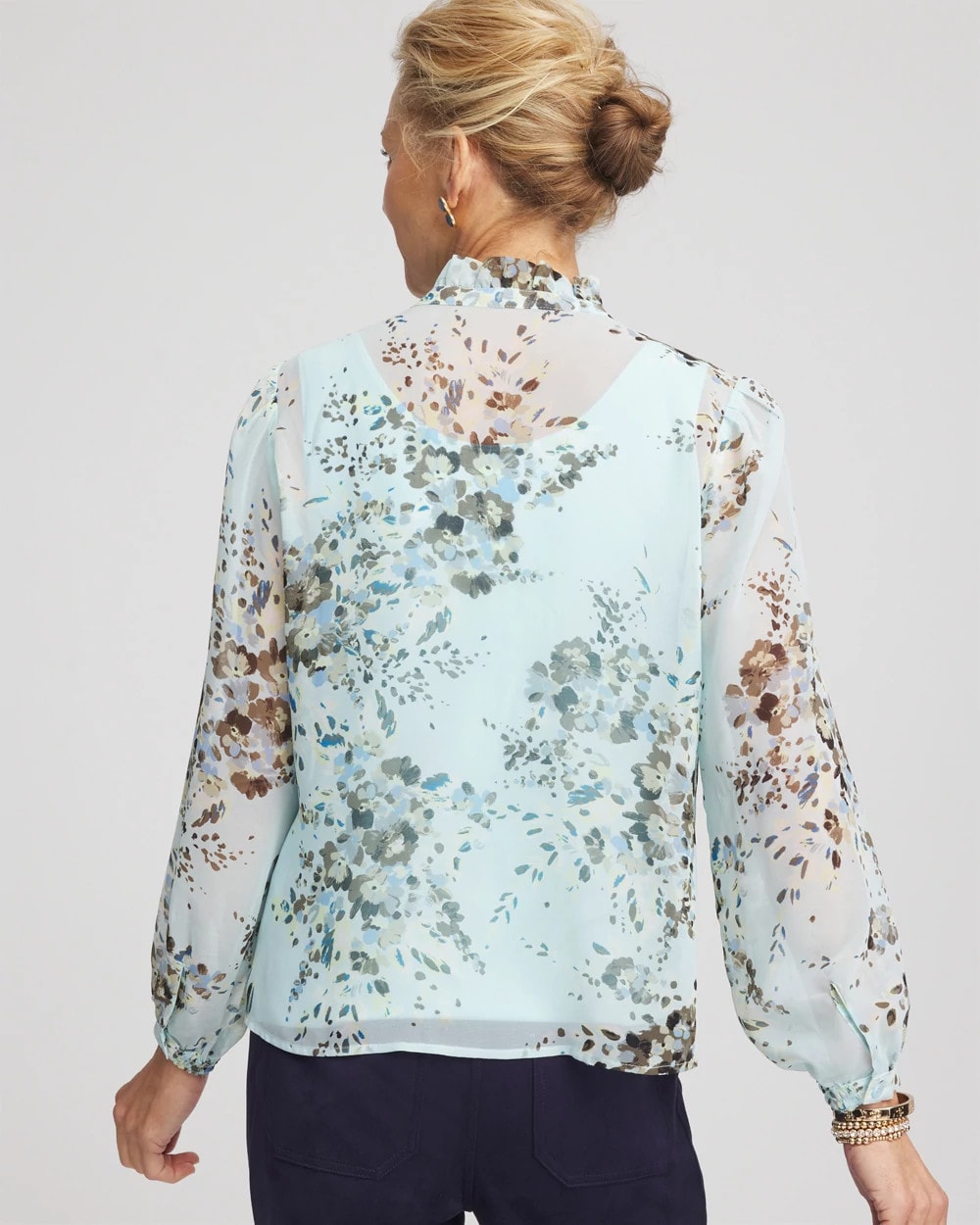 Chico's Essential - Floral Georgette Peasant Blouse Blue Menthe