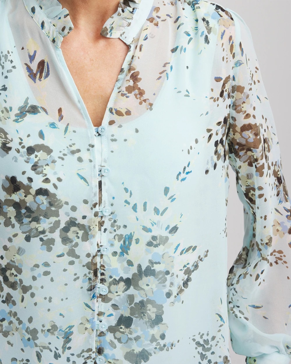Chico's Essential - Floral Georgette Peasant Blouse Blue Menthe