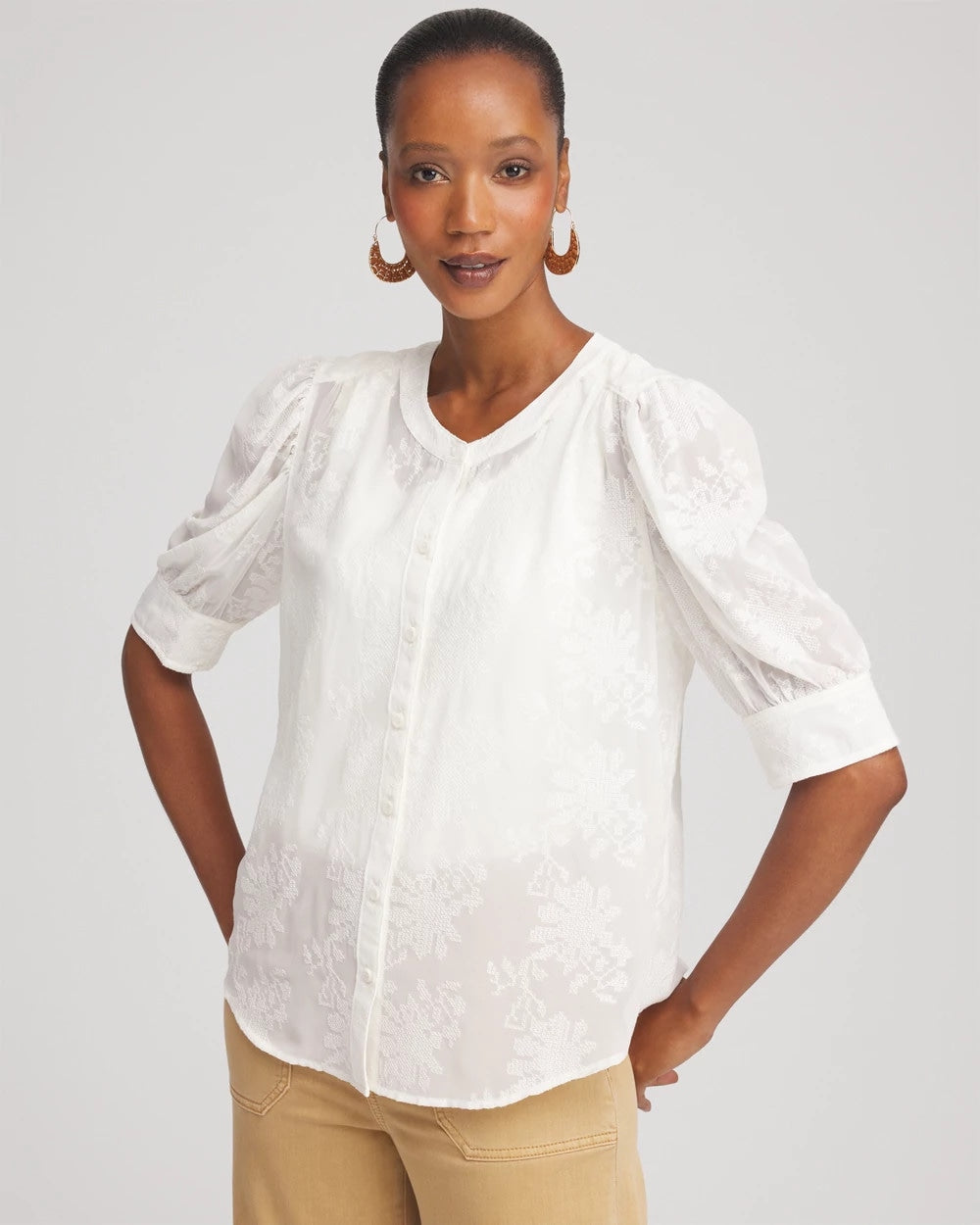 Chico's Trending - Chiffon Puff Sleeve Shirt Ecru