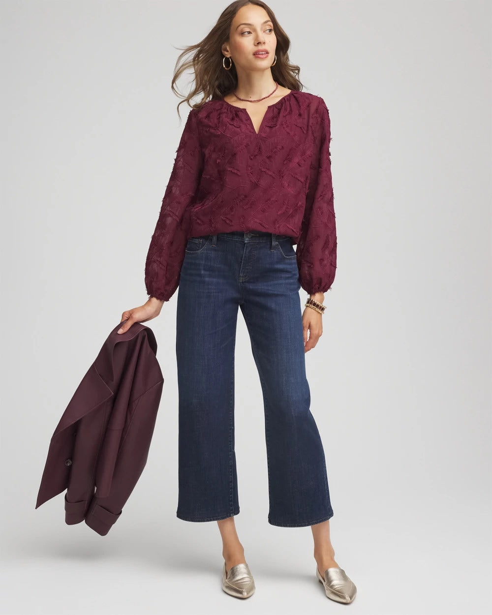 Chico's Popular - Feathered Pullover Peasant Blouse Deep Chianti