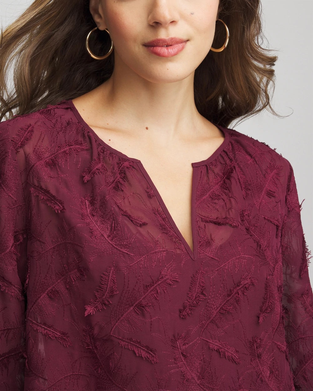Chico's Popular - Feathered Pullover Peasant Blouse Deep Chianti