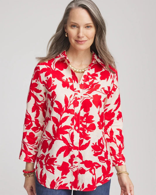 Chico's Essential - No Iron™ Floral Linen Shirt Red Glow