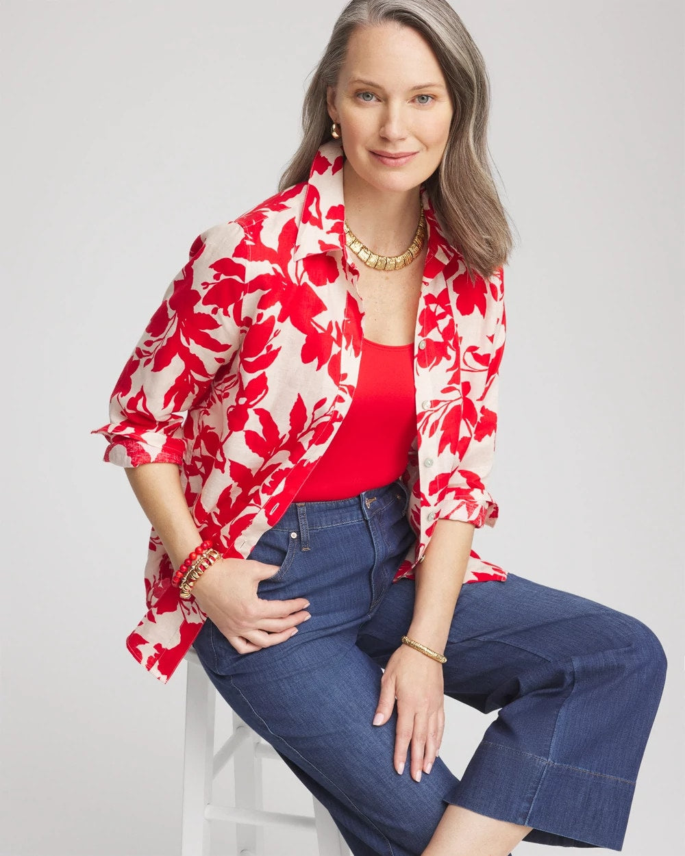 Chico's Essential - No Iron™ Floral Linen Shirt Red Glow