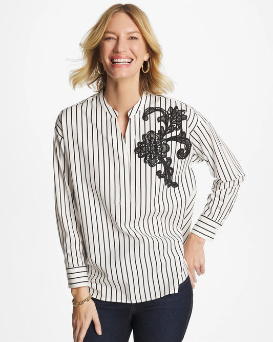 Chico's Everyday - Striped Poplin Applique Tunic Black