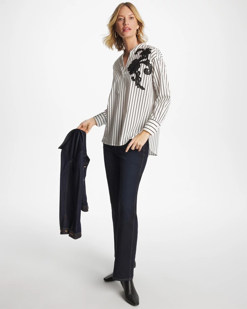 Chico's Everyday - Striped Poplin Applique Tunic Black