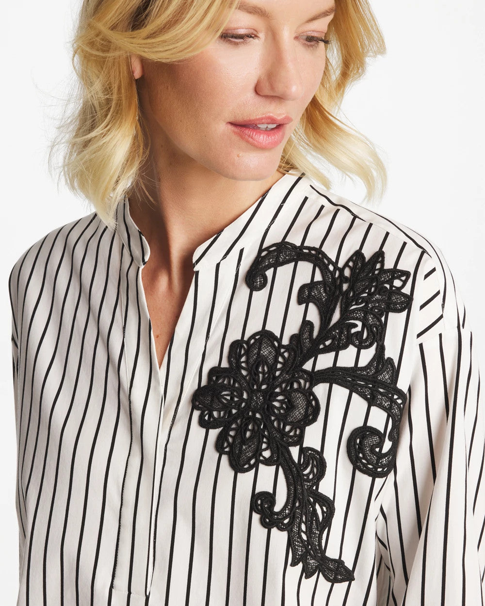 Chico's Everyday - Striped Poplin Applique Tunic Black