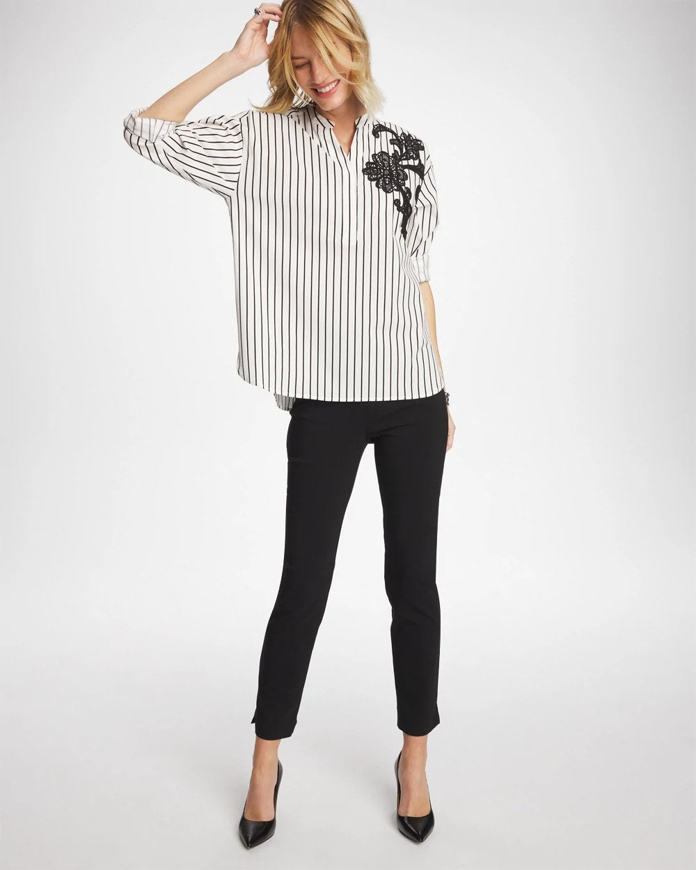 Chico's Everyday - Striped Poplin Applique Tunic Black