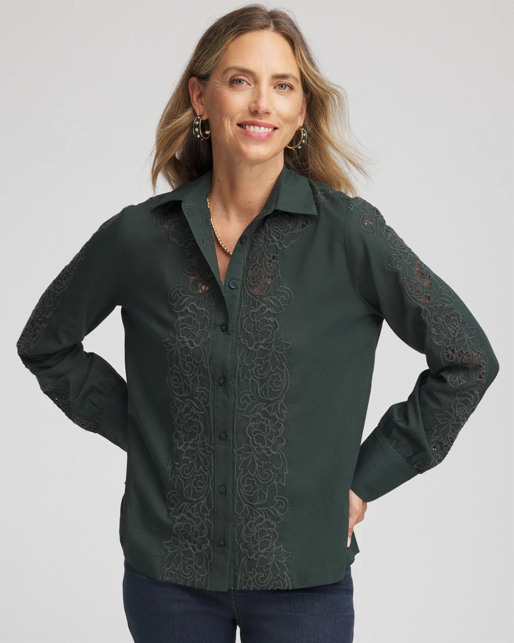 Chico's Popular - Lace Cotton Voile Shirt Darkest Spruce
