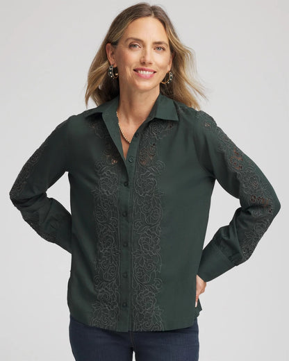 Chico's Popular - Lace Cotton Voile Shirt Darkest Spruce