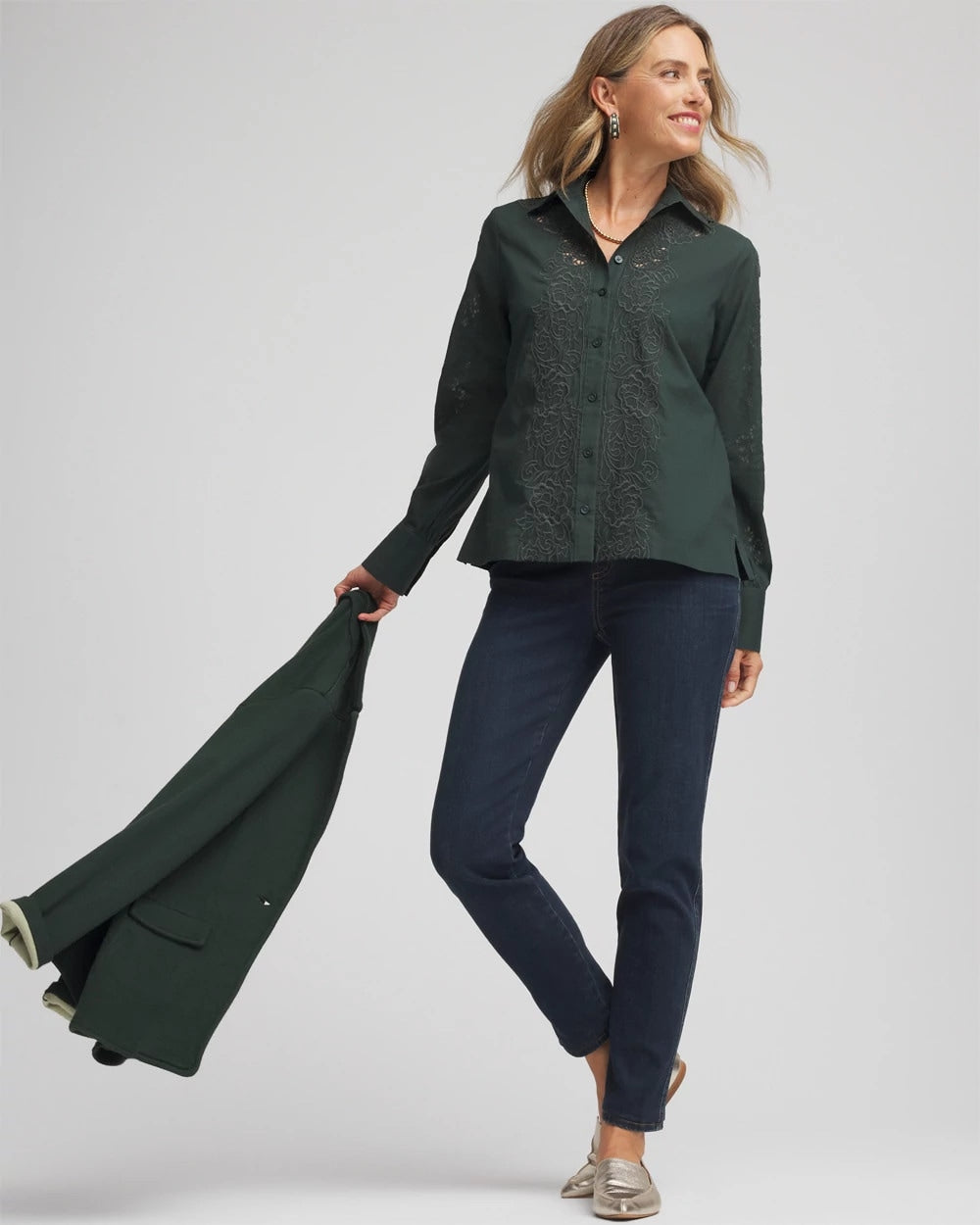 Chico's Popular - Lace Cotton Voile Shirt Darkest Spruce