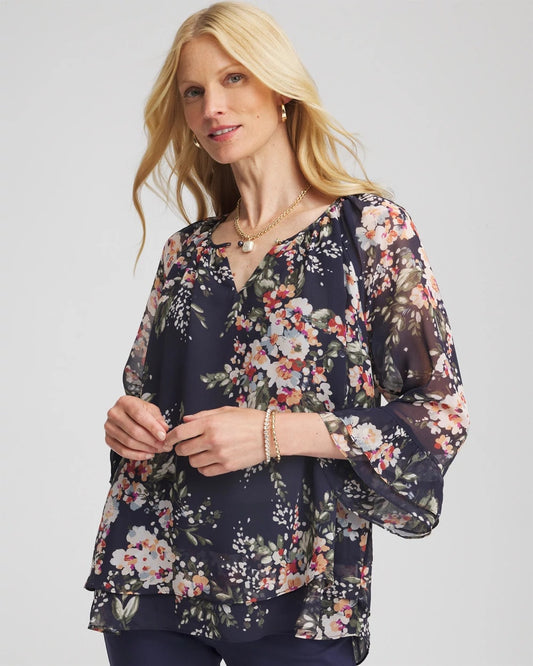 Chico's Premium - Floral Georgette Blouse Passport Blue