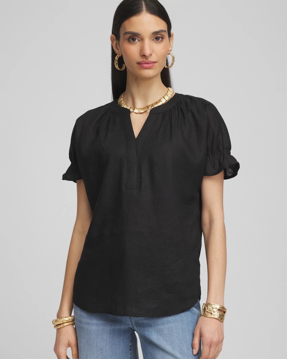 Chico's Recommended - Linen Flutter-Sleeve Popover Top Black