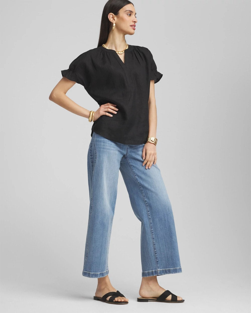 Chico's Recommended - Linen Flutter-Sleeve Popover Top Black