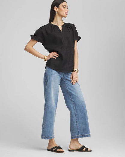 Chico's Recommended - Linen Flutter-Sleeve Popover Top Black