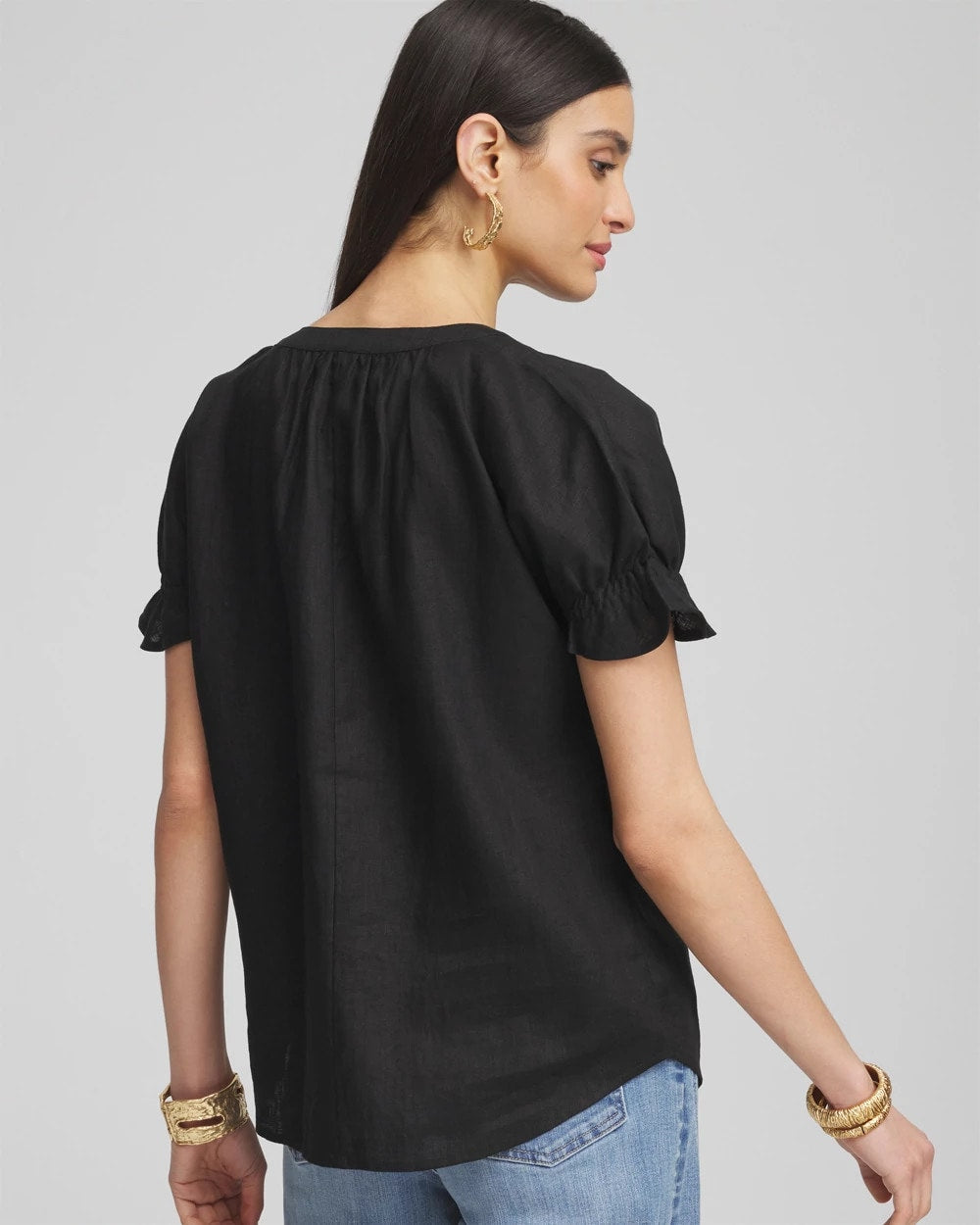 Chico's Recommended - Linen Flutter-Sleeve Popover Top Black