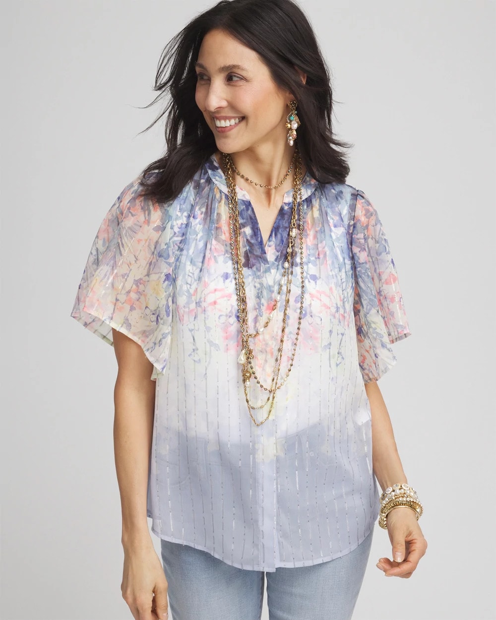 Chico's Exclusive - Jacquard Flutter-Sleeve Blouse Blue Pearl