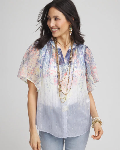 Chico's Exclusive - Jacquard Flutter-Sleeve Blouse Blue Pearl