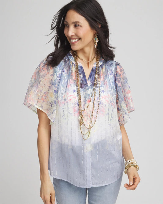 Chico's Exclusive - Jacquard Flutter-Sleeve Blouse Blue Pearl