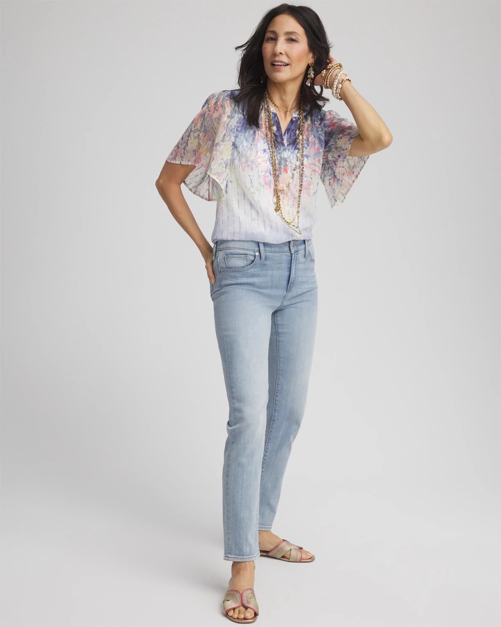 Chico's Exclusive - Jacquard Flutter-Sleeve Blouse Blue Pearl