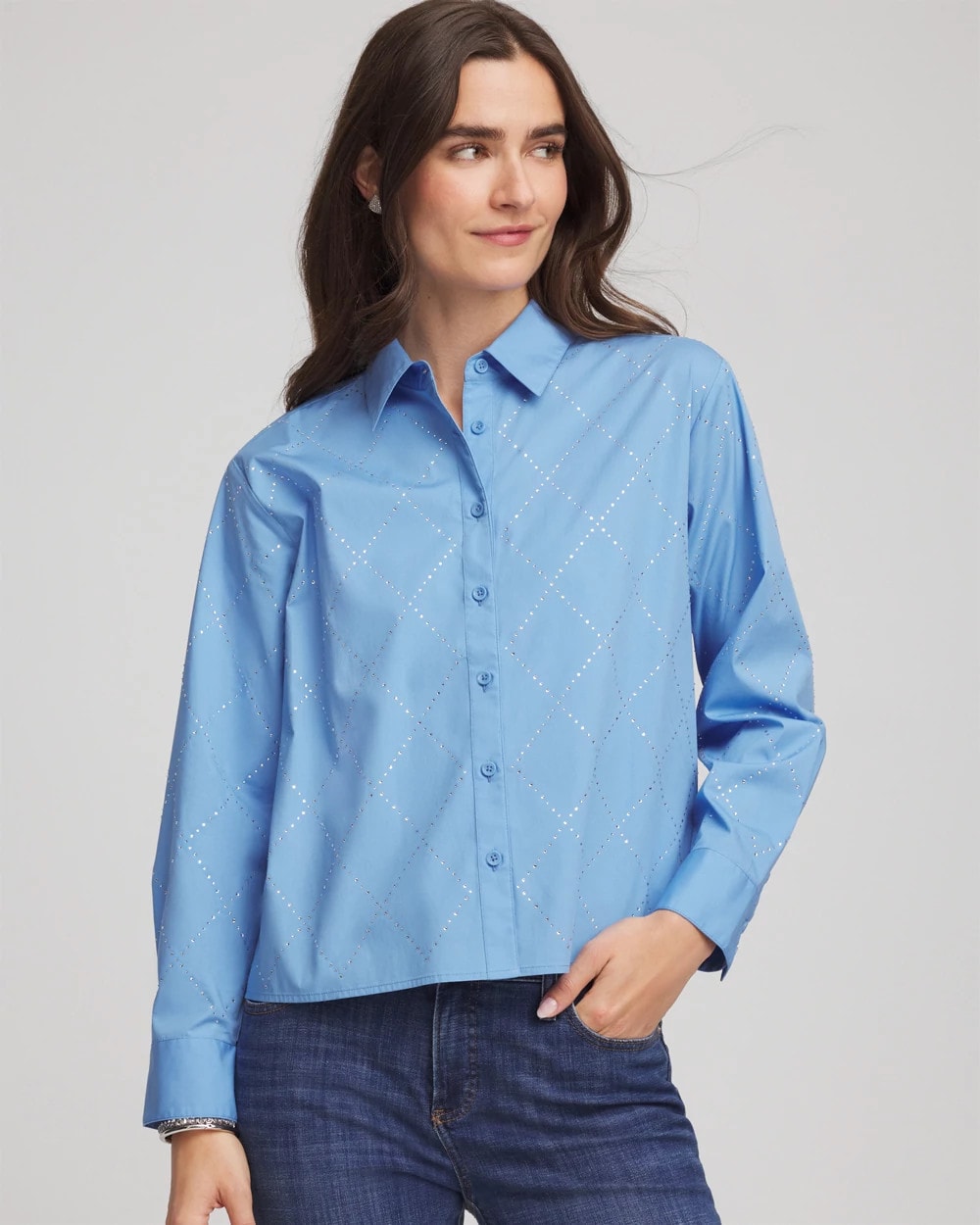 Chico's Recommended - Embellished Stretch Cotton Collared Shirt Tidal Blue