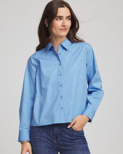 Chico's Recommended - Embellished Stretch Cotton Collared Shirt Tidal Blue