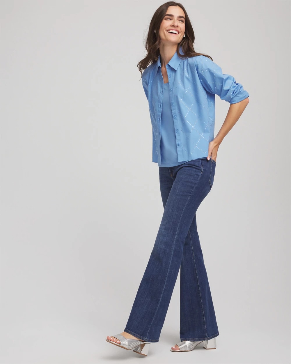 Chico's Recommended - Embellished Stretch Cotton Collared Shirt Tidal Blue