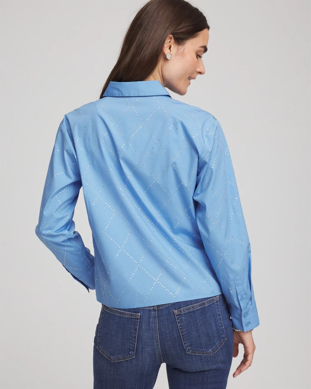 Chico's Recommended - Embellished Stretch Cotton Collared Shirt Tidal Blue
