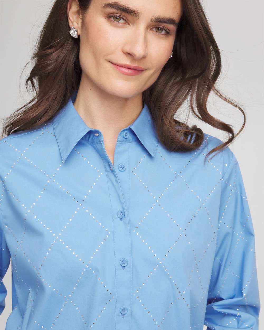 Chico's Recommended - Embellished Stretch Cotton Collared Shirt Tidal Blue
