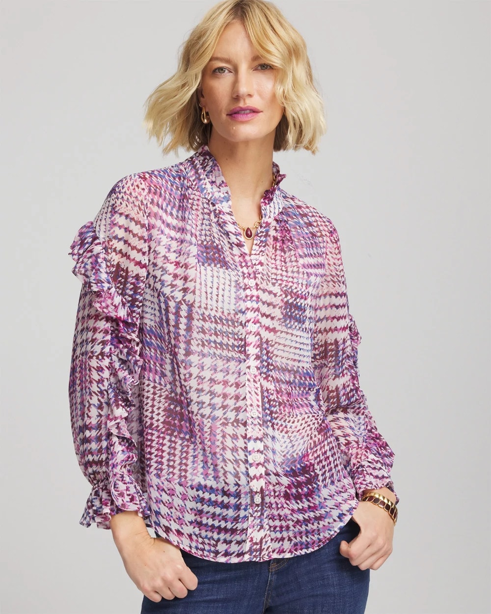 Chico's Latest - Gingham-Print Georgette Blouse Gooseberry