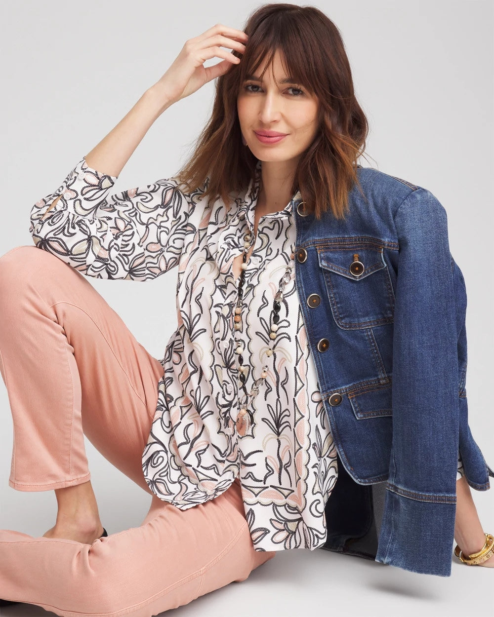 Chico's Everyday - Faux Silk Floral Collared Shirt French Blush