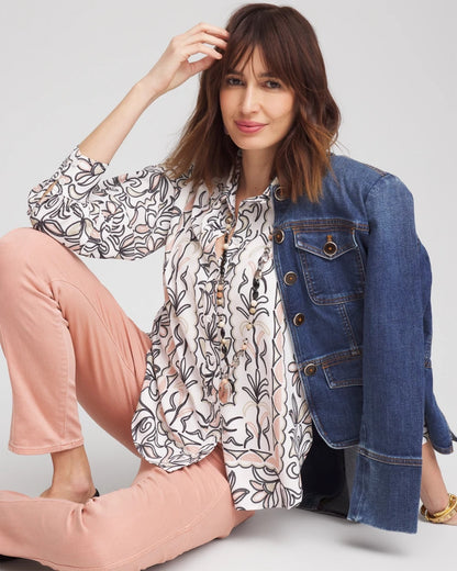 Chico's Everyday - Faux Silk Floral Collared Shirt French Blush