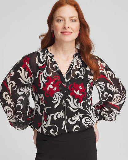 Chico's Recommended - Crinkle Chiffon Floral Blouse Black