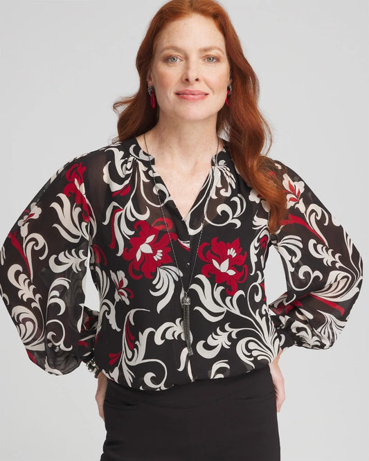 Chico's Recommended - Crinkle Chiffon Floral Blouse Black