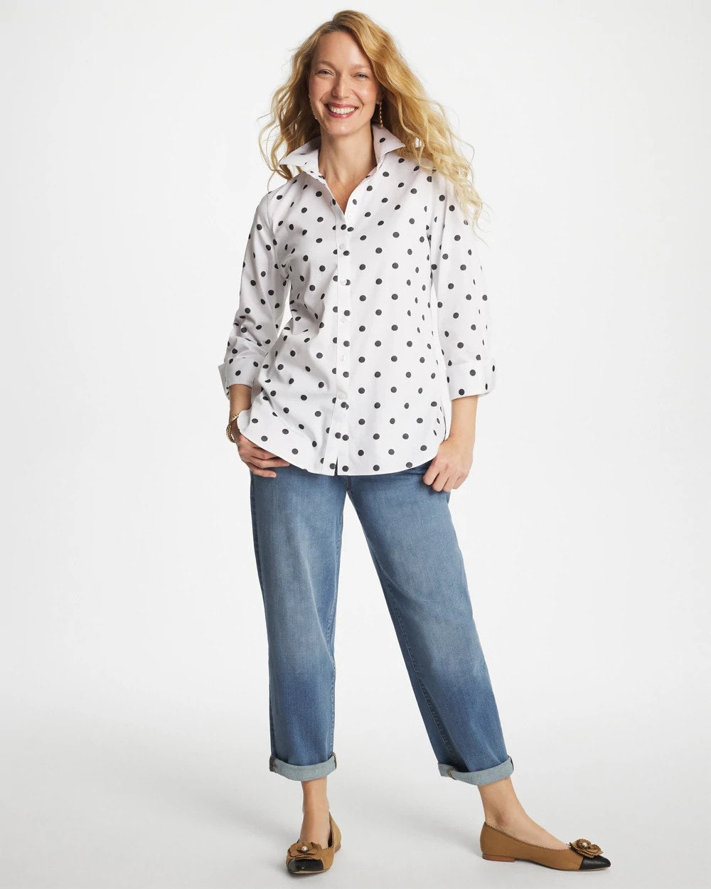Chico's Everyday - No Iron™ Stretch Perfect Dots Shirt Optic White