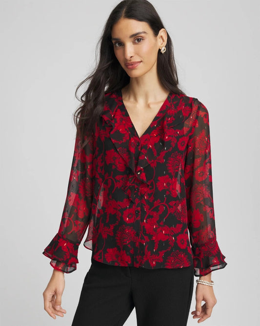 Chico's Top Pick - Georgette Clip Dot Ruffle Blouse Carmine Red