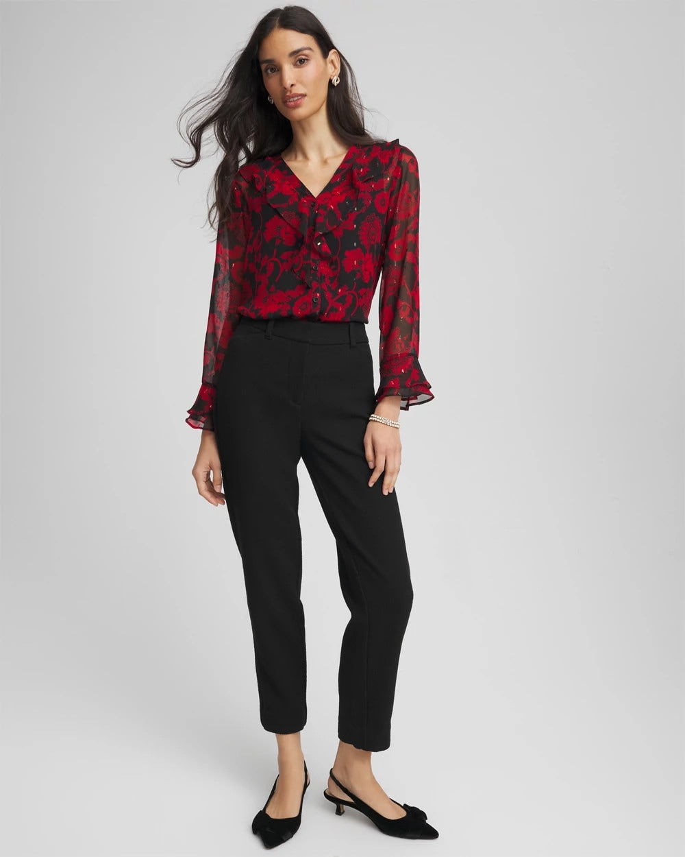 Chico's Top Pick - Georgette Clip Dot Ruffle Blouse Carmine Red