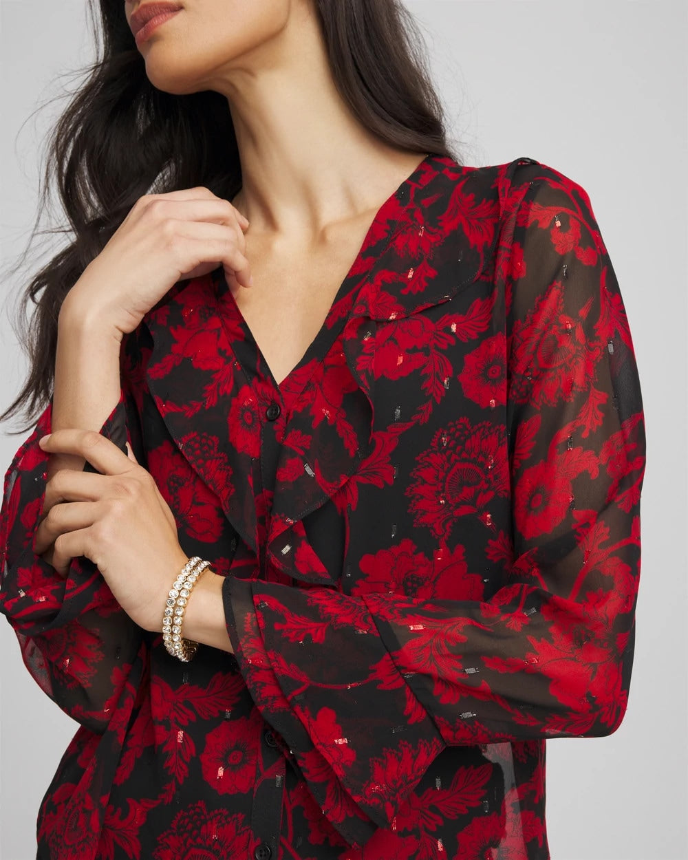 Chico's Top Pick - Georgette Clip Dot Ruffle Blouse Carmine Red