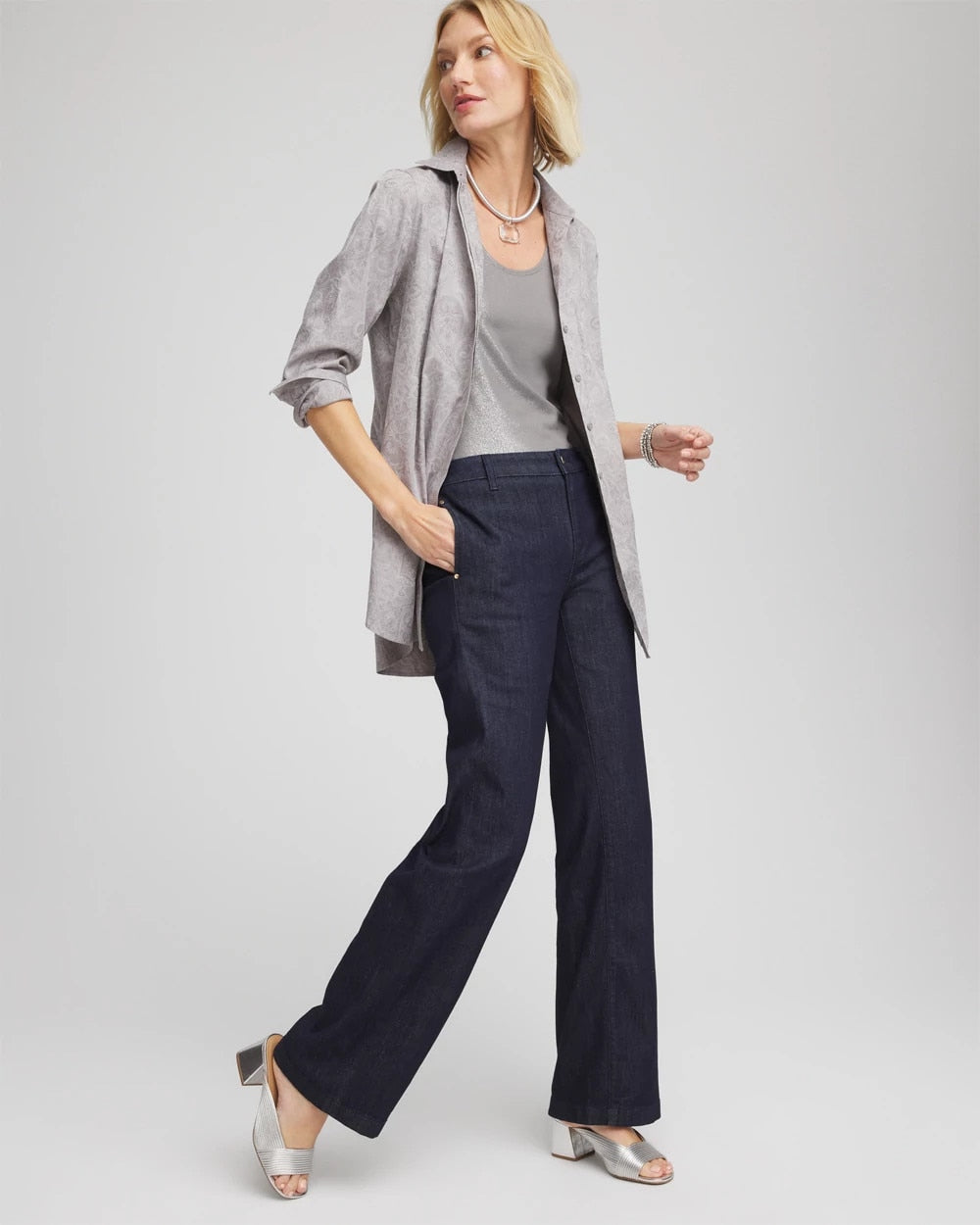Chico's Value - No Iron™ Lace Jacquard Stretch Tunic Moon Shade Gray