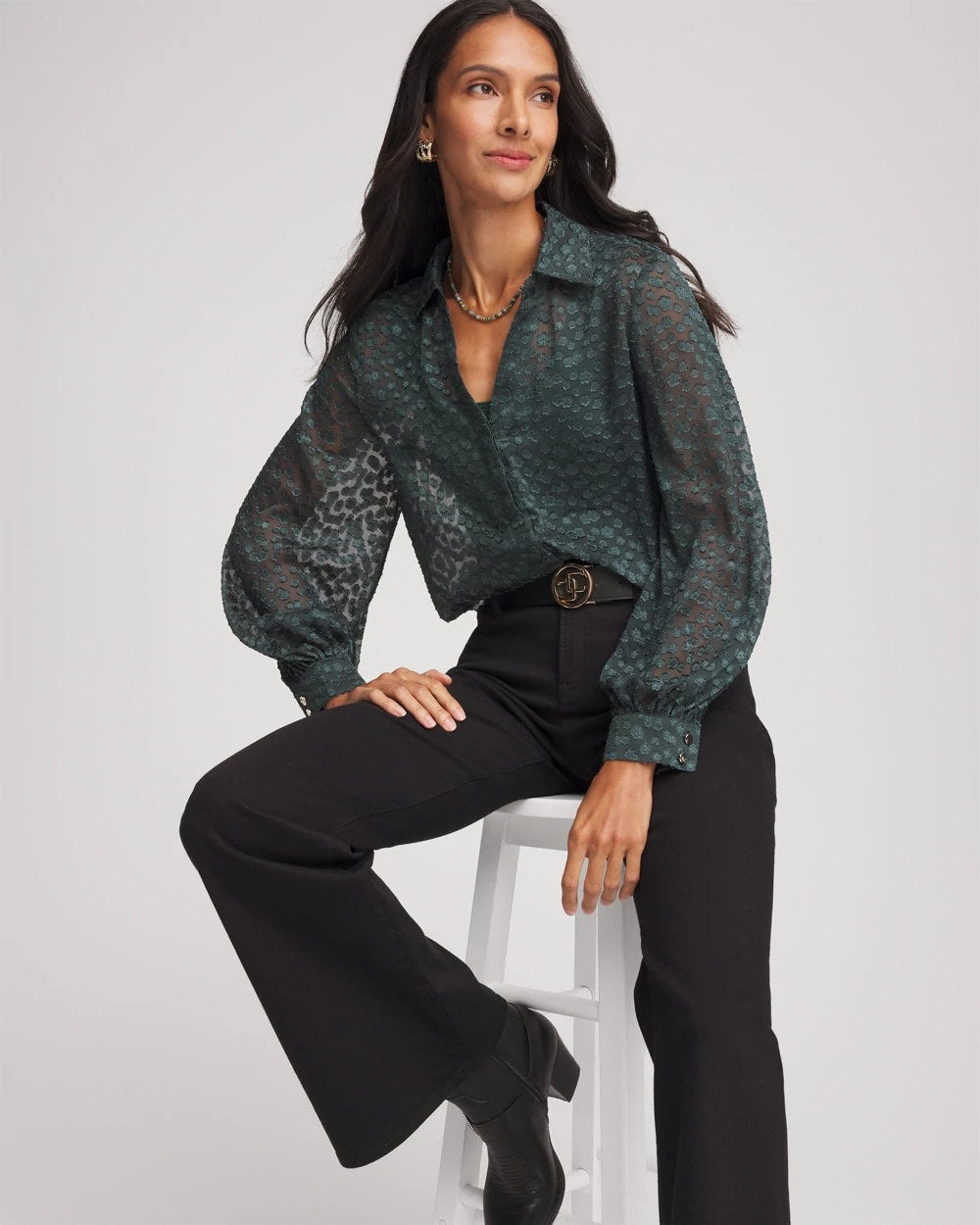 Chico's Best Seller - Clip-Dot Billow-Sleeve Blouse Darkest Spruce